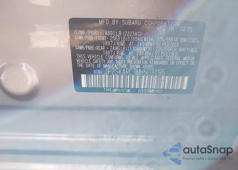 2021 Subaru Forester Sport из США, поврежденный, VIN JF2SKARC3MH503195